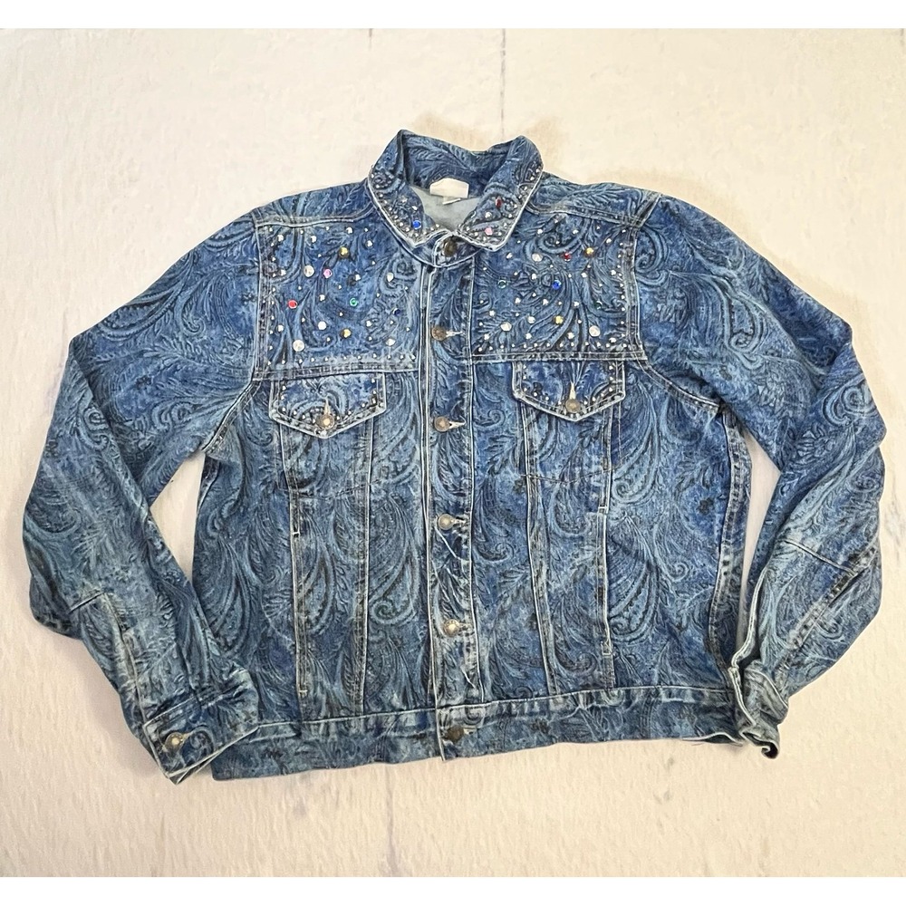 Vintage Studded Denim Jacket Paisley Print Rhinestones Made in USA‎ Womens